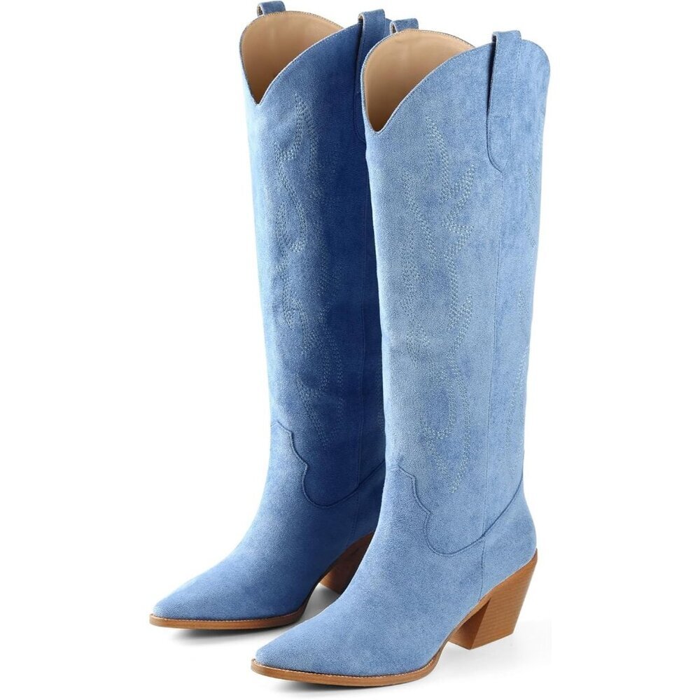 ⚡Women's Blue Knee High Pointed Toe And Block Heel Suede And Faux Leather Boots - Picture 9 of 9